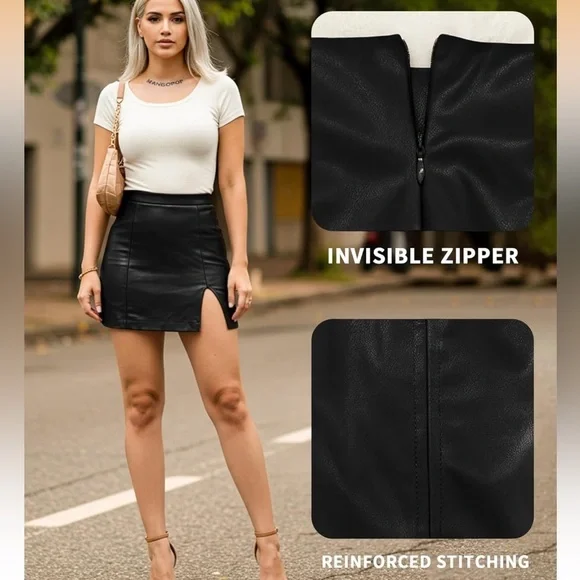 High Waist Bodycon Mini Short Faux Leather Skirt with Slit - Picture 4 of 12